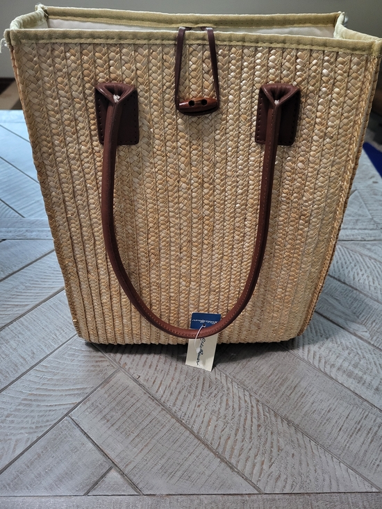Eddie Bauer Handbags - Eddie Bauer Straw Tote Satchel with Brown Leather Handles 13"x10"